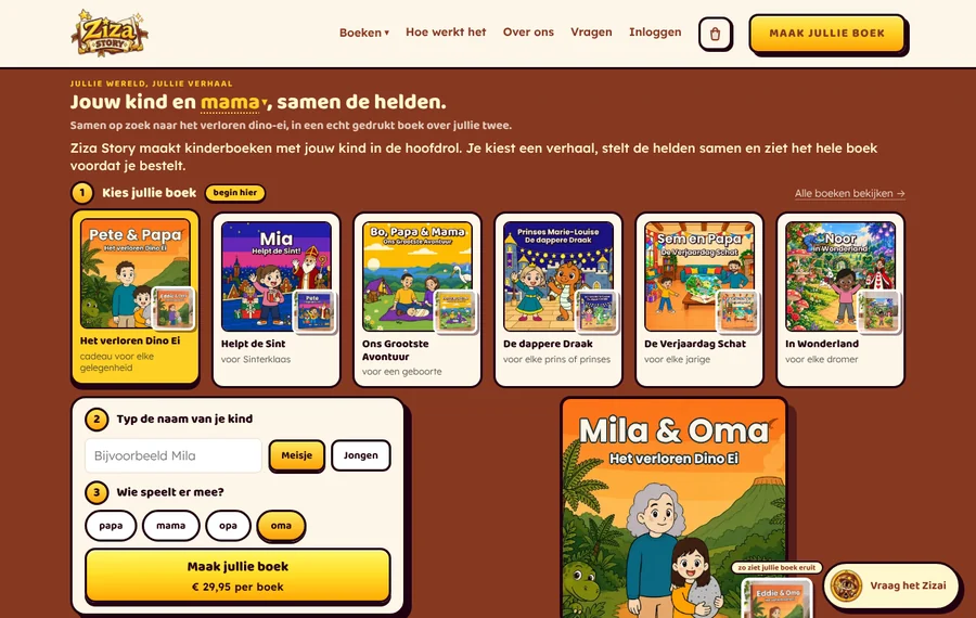 Schermafbeelding van zizastory.nl, een gepersonaliseerd kinderboek samenstellen