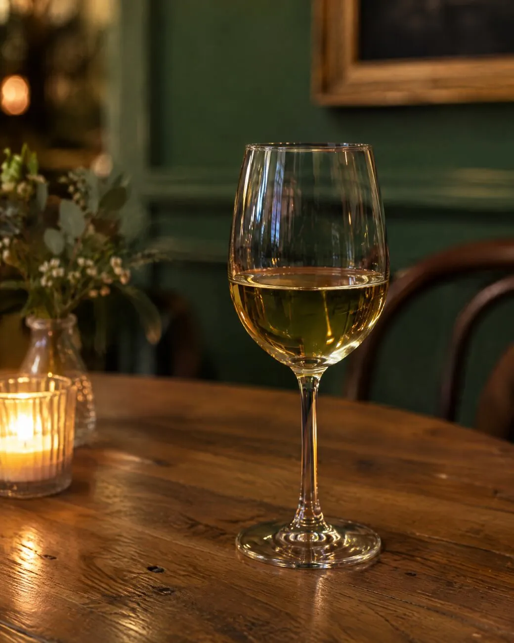 Glas witte wijn bij kaarslicht